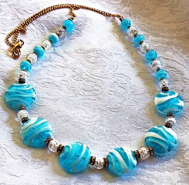 aqua Murano disc beads necklace LR